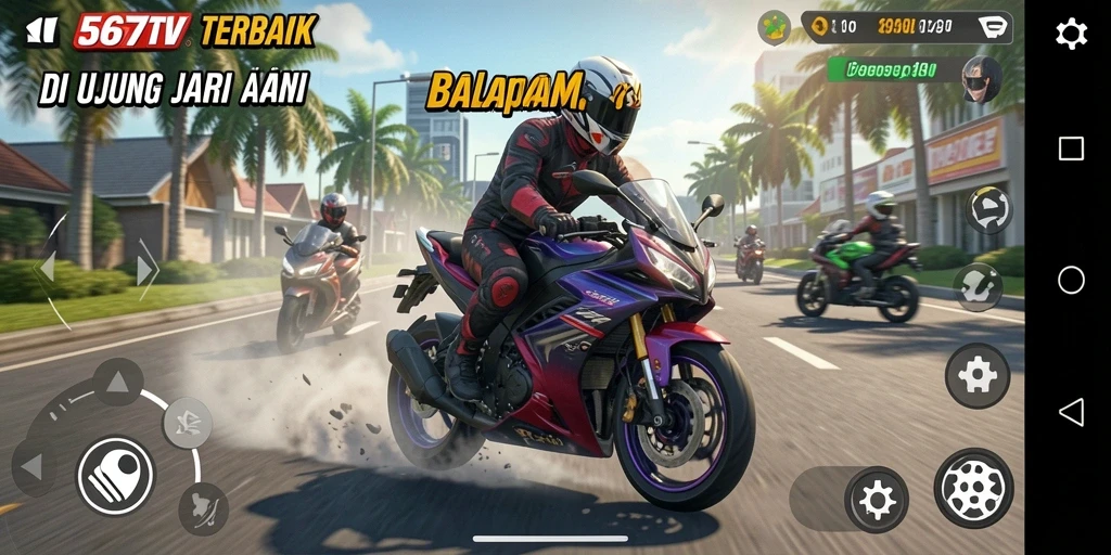 Screenshot gameplay 567TV menampilkan aksi balapan motor yang mendebarkan.