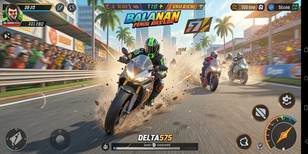 Tampilan gameplay DELTA575 dengan aksi balapan motor seru.