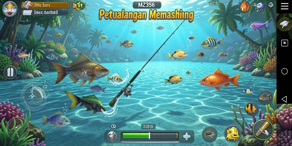 Tampilan gameplay MZ356 yang menegangkan saat memancing ikan besar.